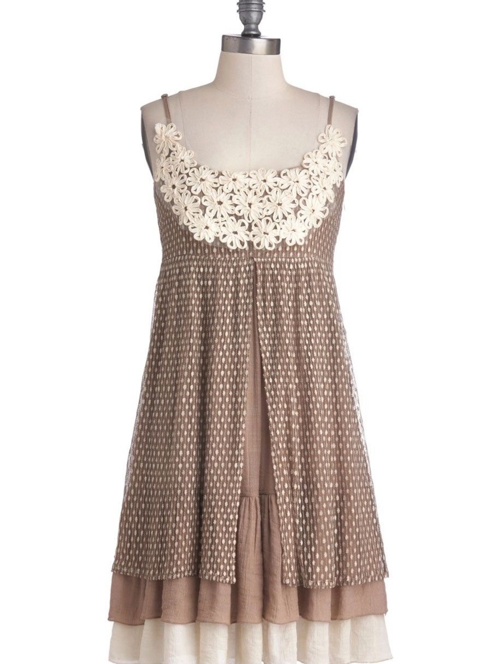 A'reve Floral Lace Layered Cottagecore Mini Dress Brown Ruffle Trim - Small